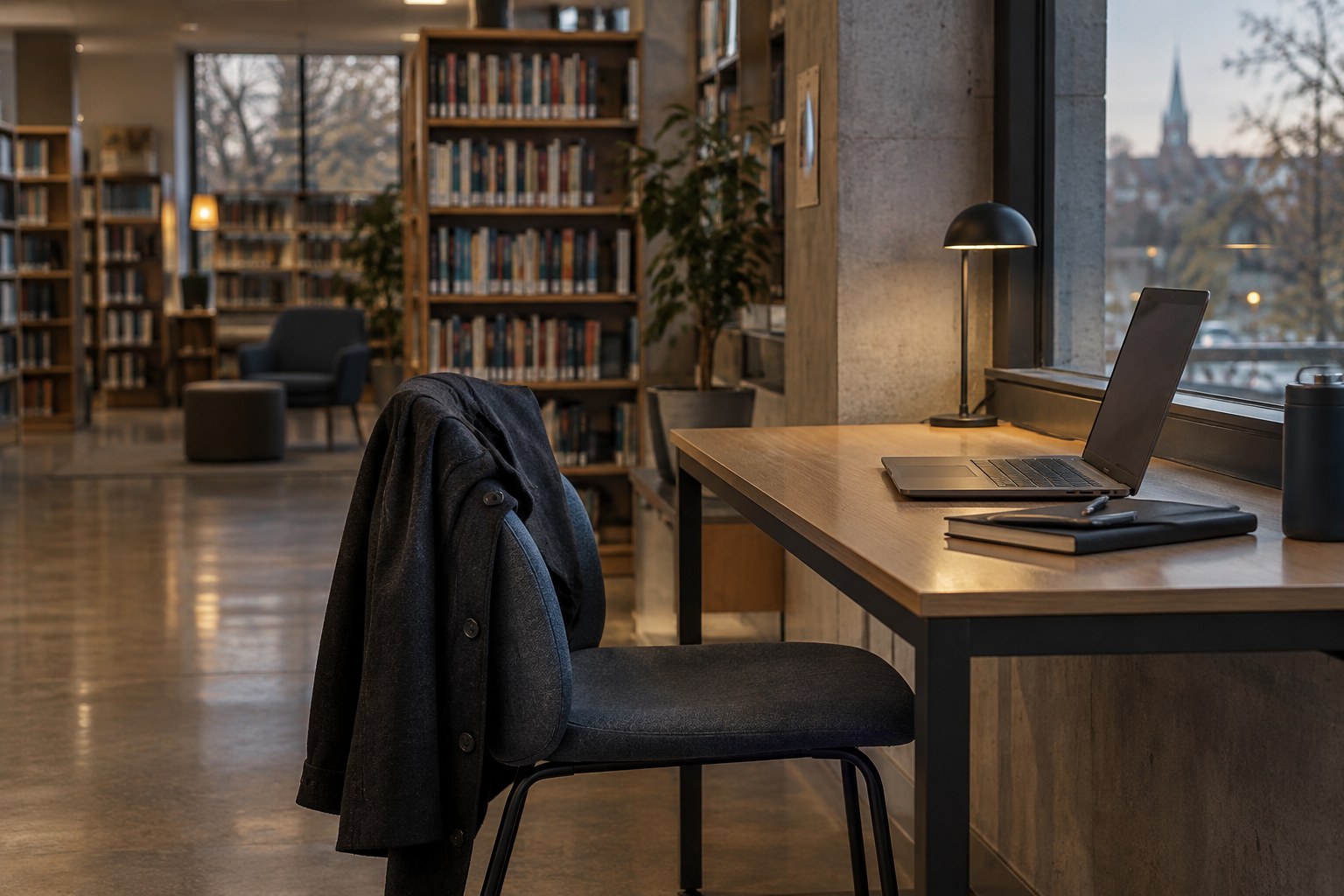 Ein ruhiger Arbeitsplatz in einer Bibliothek mit geöffnetem Laptop und einer Jacke über dem leeren Stuhl.