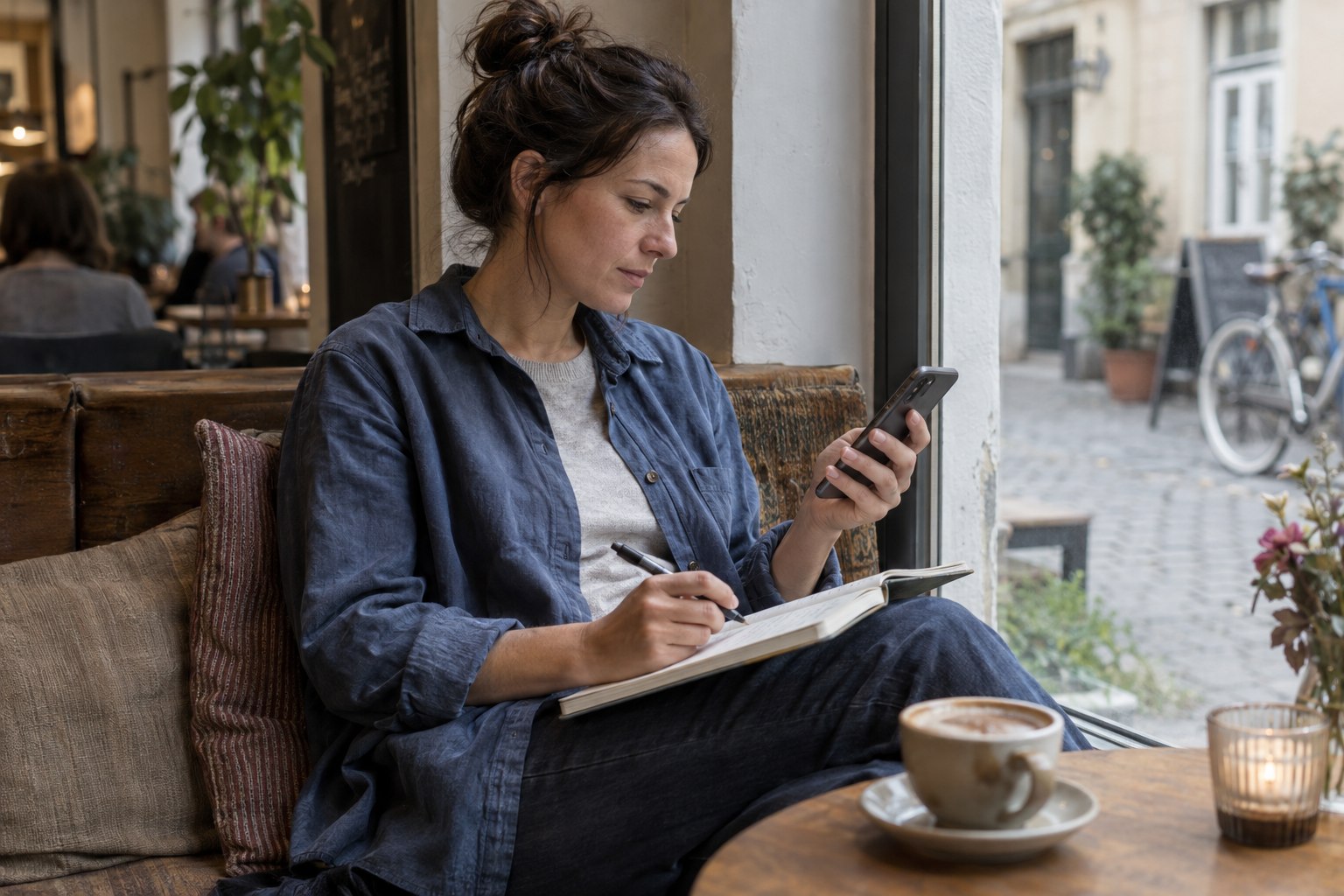 Eine Person vergleicht Notizen mit ihrem Smartphone an einem Fensterplatz im Café.