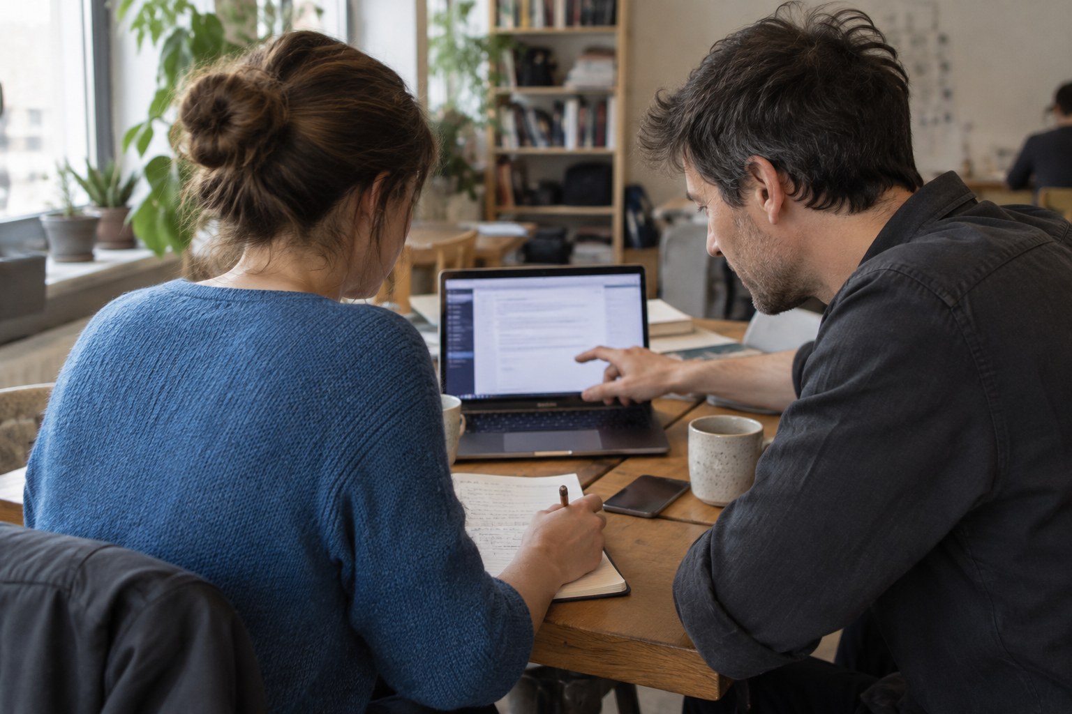 Zwei Erwachsene üben gemeinsam eine digitale Aufgabe am Laptop und halten Notizen fest.