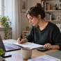 Eine Frau prüft an ihrem Homeoffice-Schreibtisch Unterlagen am Laptop und macht sich neben einem Taschenrechner Notizen.
