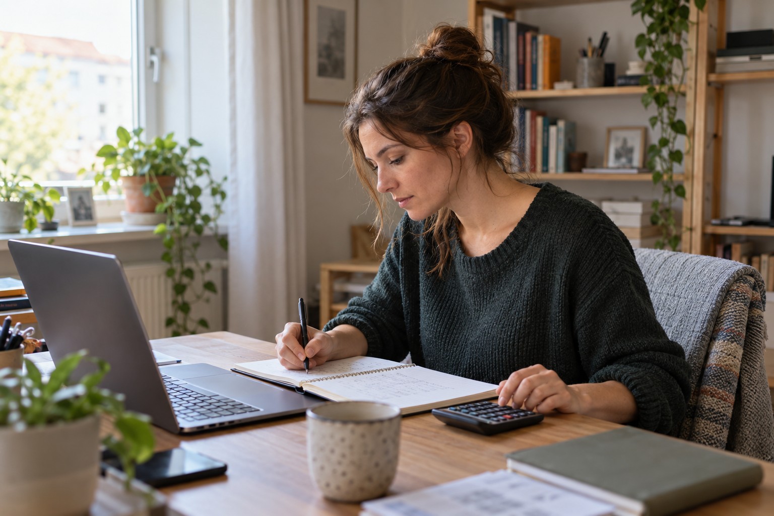 Eine Frau prüft an ihrem Homeoffice-Schreibtisch Unterlagen am Laptop und macht sich neben einem Taschenrechner Notizen.