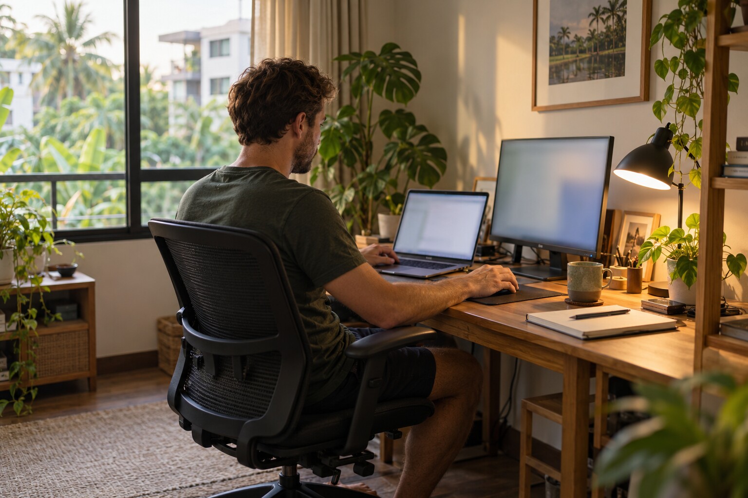 Ein Mann arbeitet an Laptop und zweitem Monitor in einem ruhigen Zimmer mit Blick auf tropische Pflanzen.
