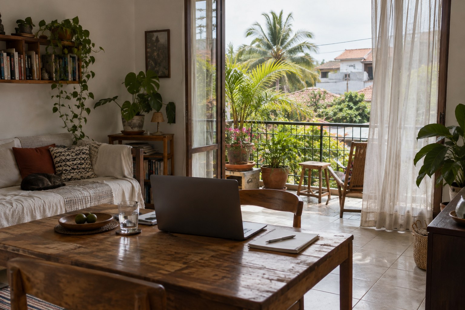 Arbeitsplatz in einer Wohnung mit offener Balkontür und Blick auf tropische Pflanzen und die Nachbarschaft.