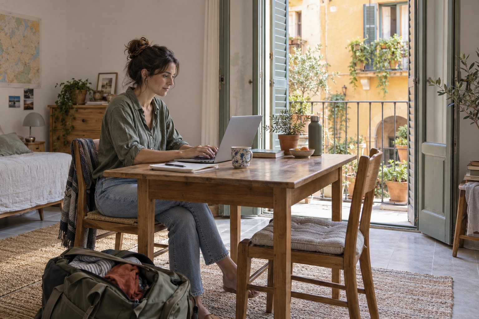 Eine Person arbeitet am Laptop in einer Ferienwohnung mit Blick in einen mediterranen Innenhof.